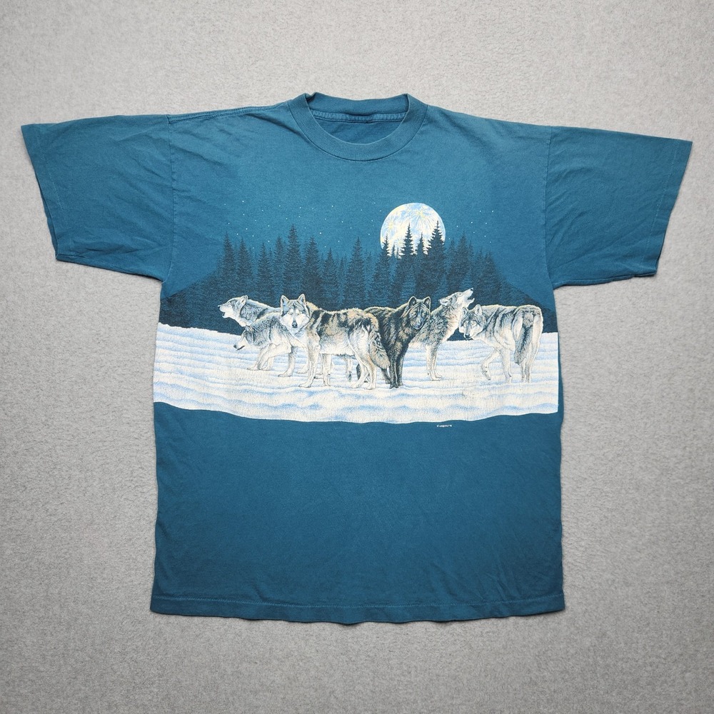 VINTAGE Nature Shirt Large (Cut Tag) Blue Wolf Wrap Around Habitat Graphic Print